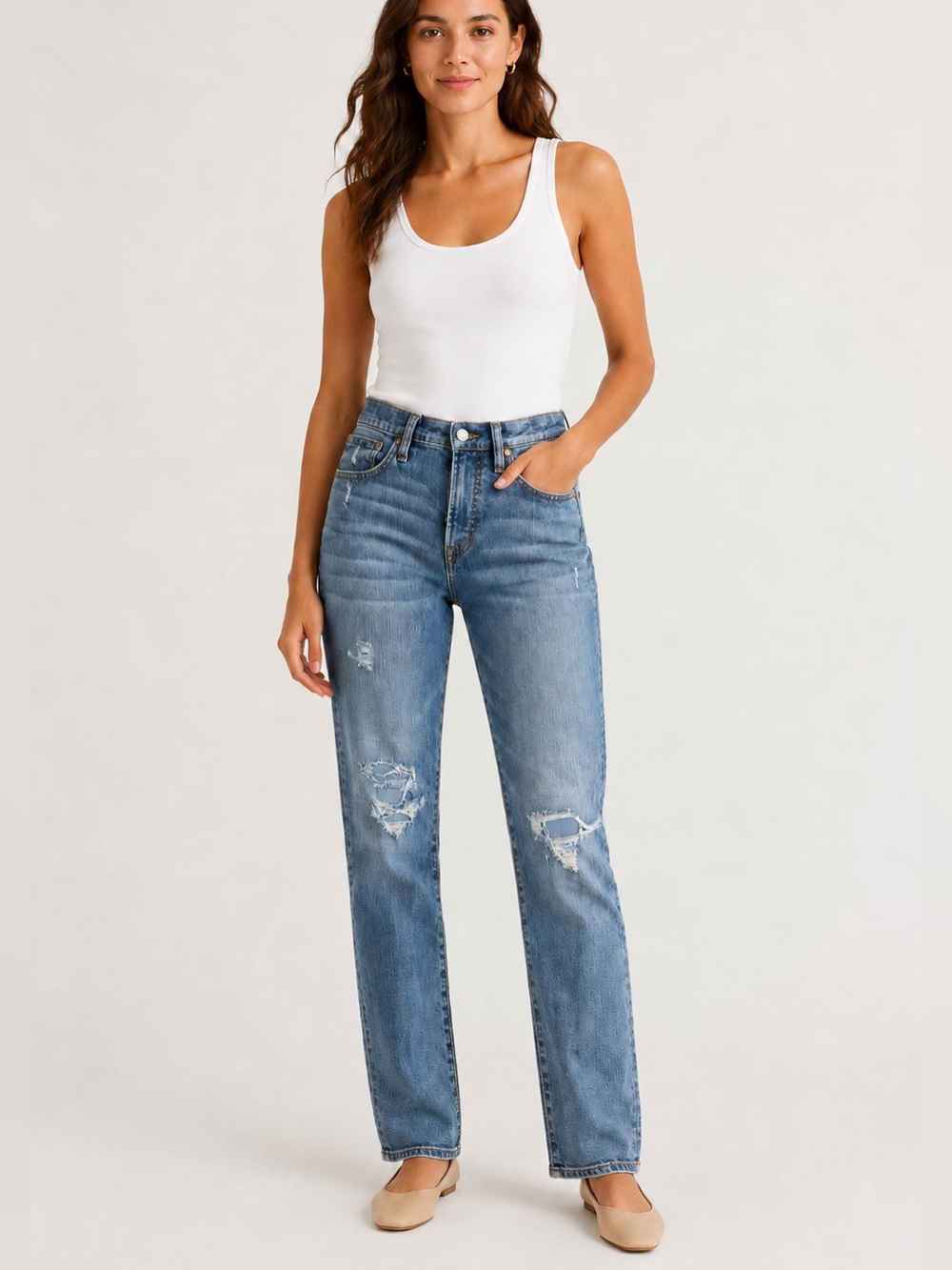 J. Crew Women's Light Blue Distressed Vintage straight Jeans patched knees 28